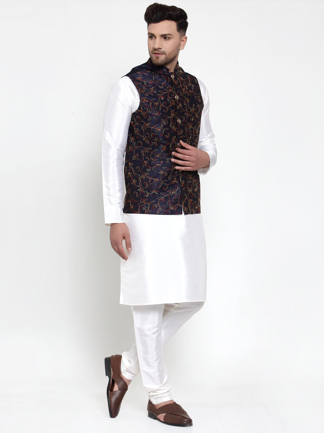 Jompers Men's Solid Dupion Kurta Pajama with Blue Nehru Jacket