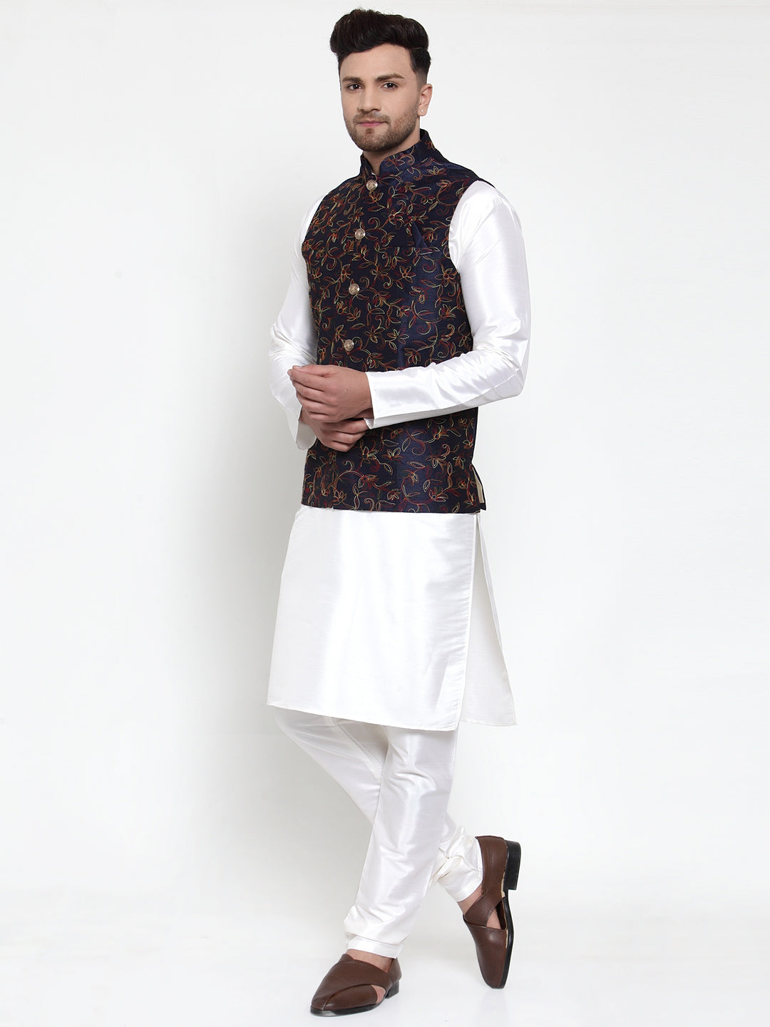 Jompers Men's Solid Dupion Kurta Pajama with Blue Nehru Jacket