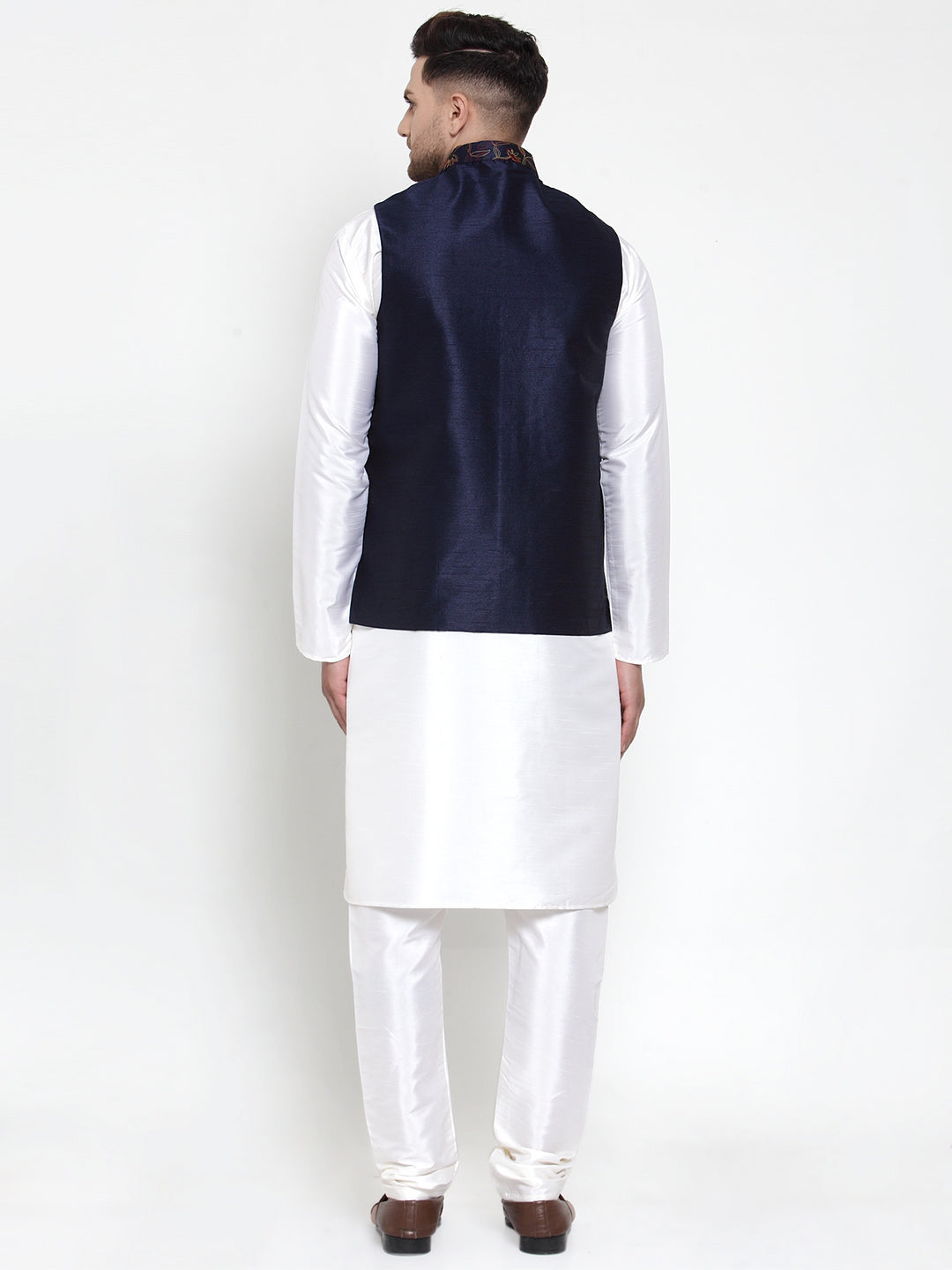 Jompers Men's Solid Dupion Kurta Pajama with Blue Nehru Jacket