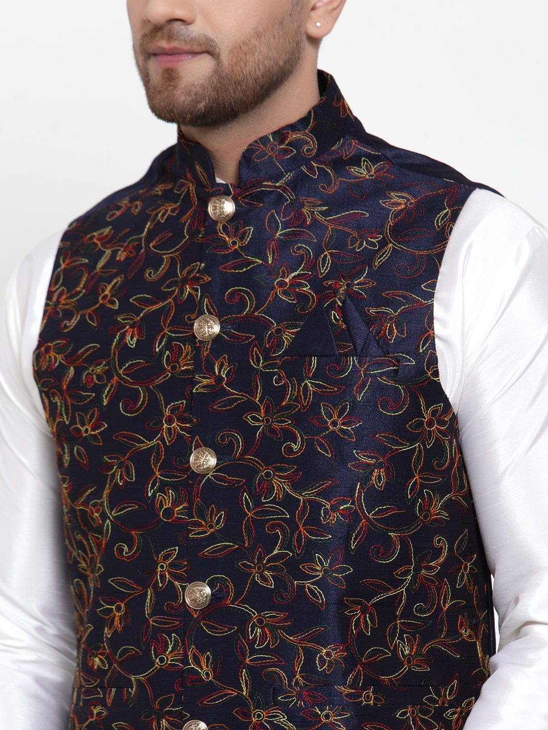 Jompers Men's Solid Dupion Kurta Pajama with Blue Nehru Jacket