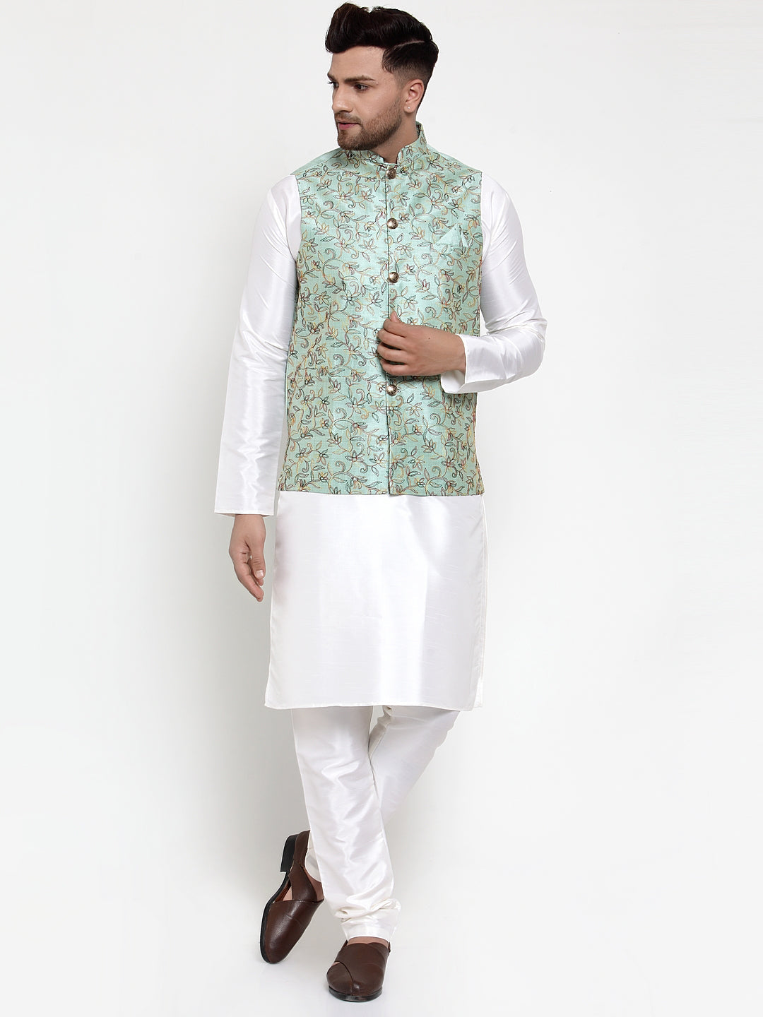 Jompers Men's Solid Dupion Kurta Pajama with Woven Nehru Jacket Sky (JOKPWC_OW-D_4013Sky)