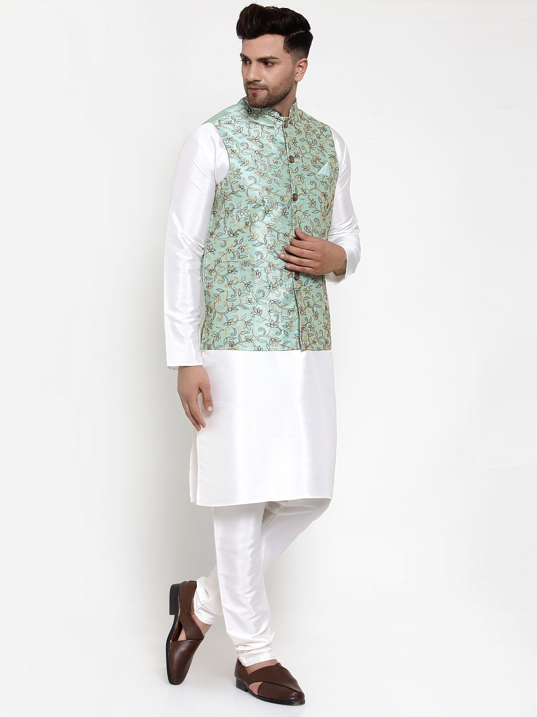 Jompers Men's Solid Dupion Kurta Pajama with Woven Nehru Jacket Sky (JOKPWC_OW-D_4013Sky)