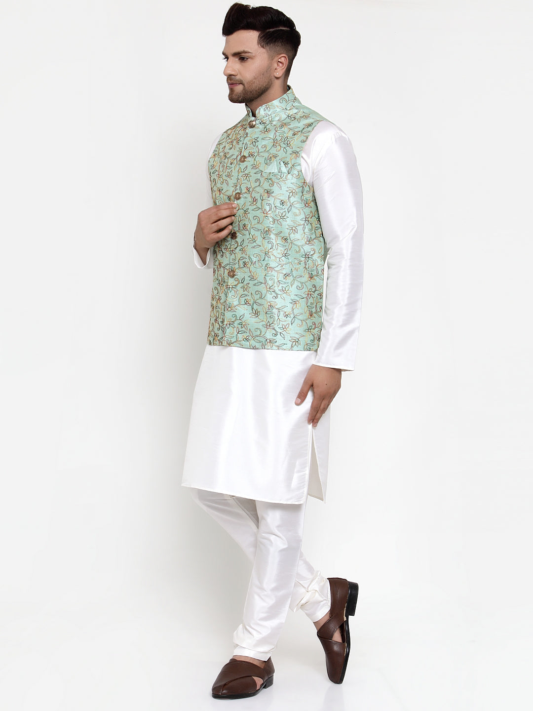 Jompers Men's Solid Dupion Kurta Pajama with Woven Nehru Jacket Sky (JOKPWC_OW-D_4013Sky)