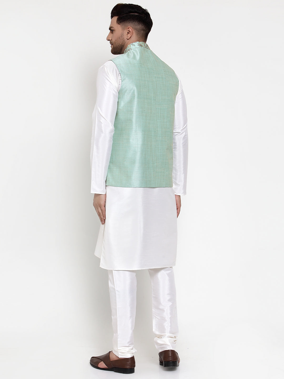 Jompers Men's Solid Dupion Kurta Pajama with Woven Nehru Jacket Sky (JOKPWC_OW-D_4013Sky)