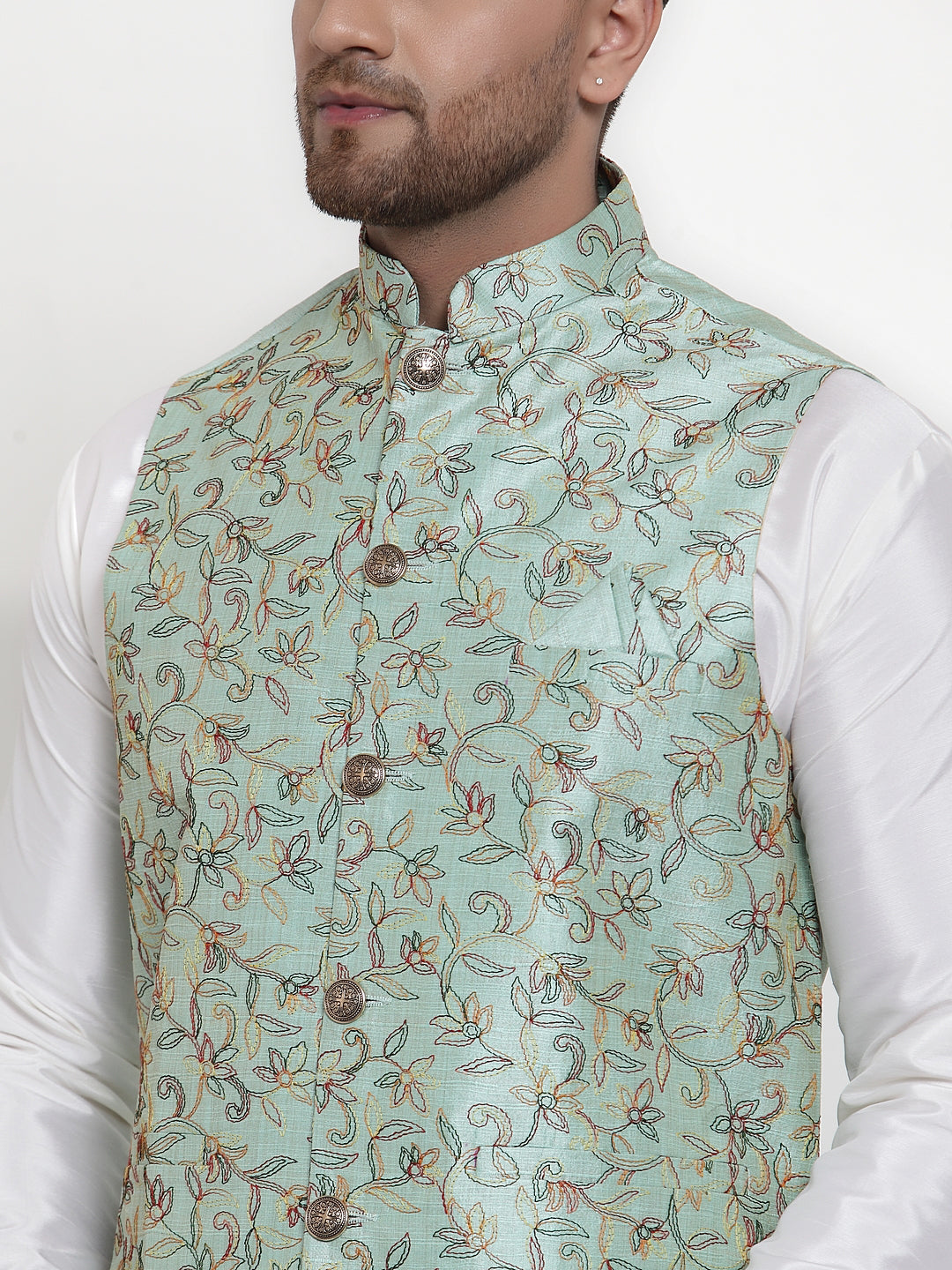 Jompers Men's Solid Dupion Kurta Pajama with Woven Nehru Jacket Sky (JOKPWC_OW-D_4013Sky)