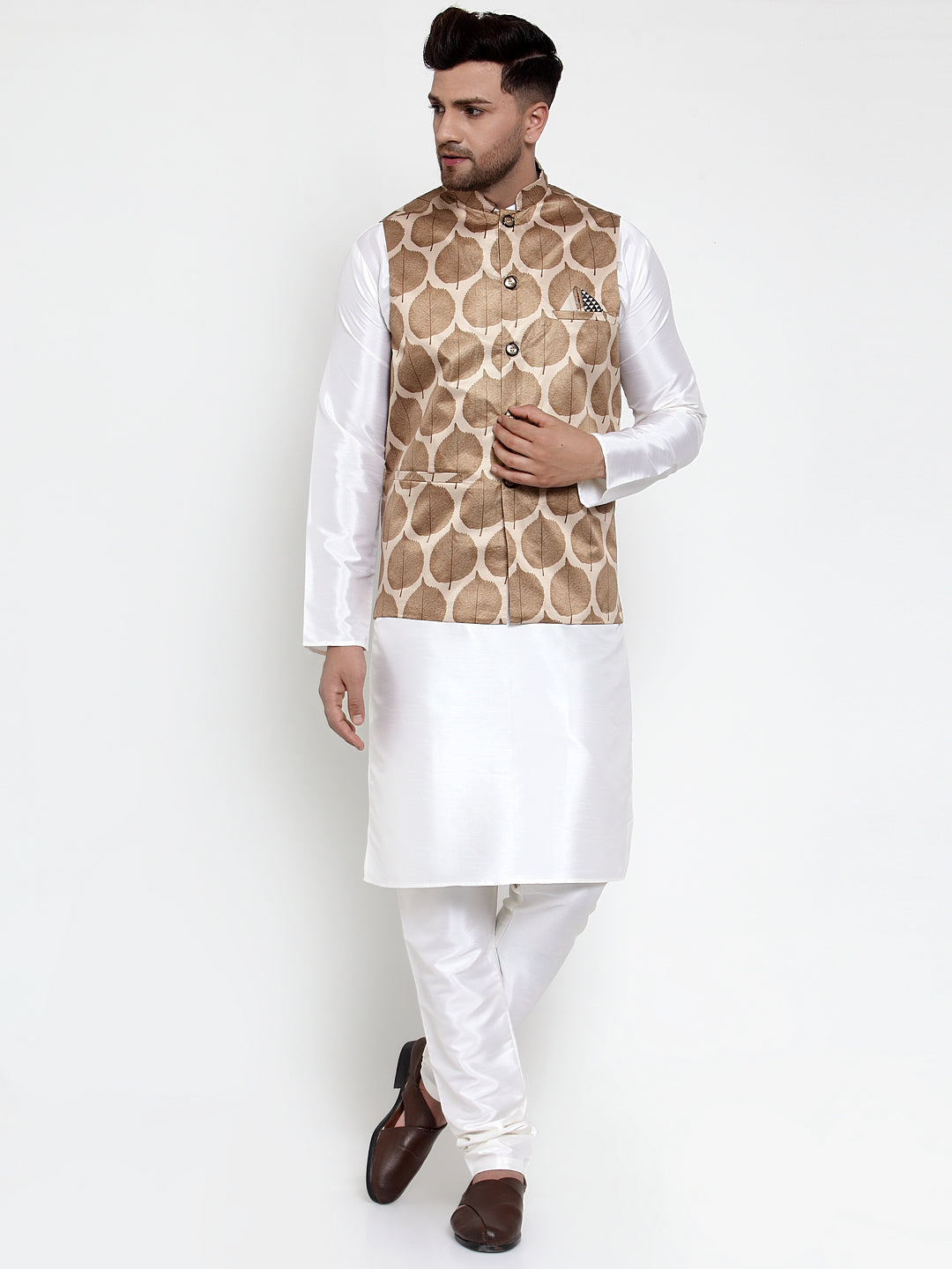 Jompers Men Solid Dupion Kurta Pajama with Printed Nehru Jacket (Brown)