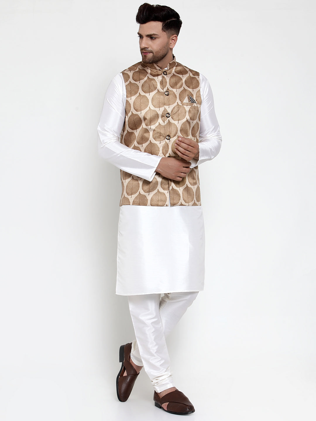 Jompers Men Solid Dupion Kurta Pajama with Printed Nehru Jacket (Brown)