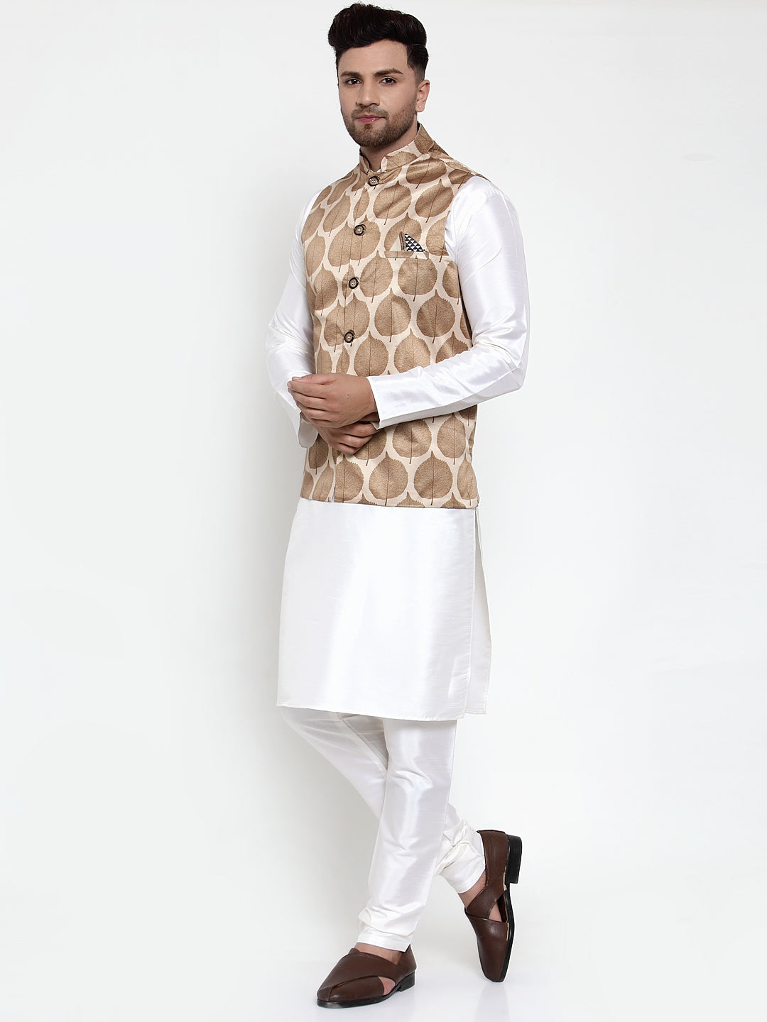 Jompers Men Solid Dupion Kurta Pajama with Printed Nehru Jacket (Brown)