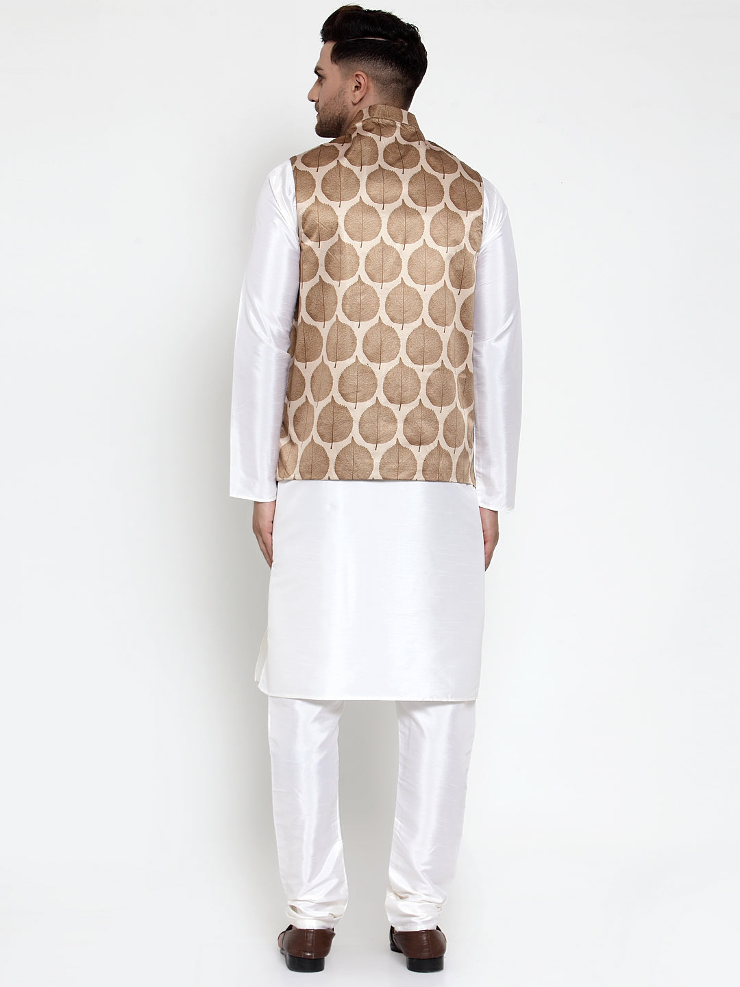 Jompers Men Solid Dupion Kurta Pajama with Printed Nehru Jacket (Brown)
