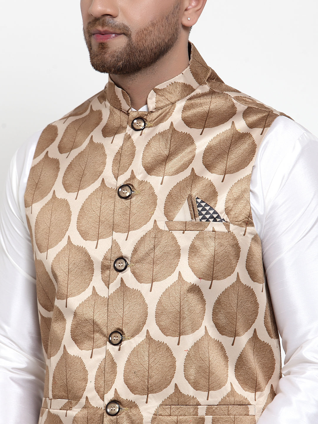 Jompers Men Solid Dupion Kurta Pajama with Printed Nehru Jacket (Brown)