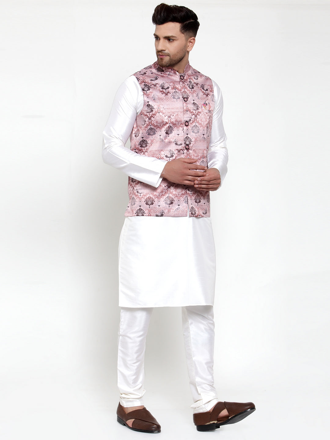 Jompers Men's Solid Dupion Kurta Pajama with Printed Nehru Pink Jacket