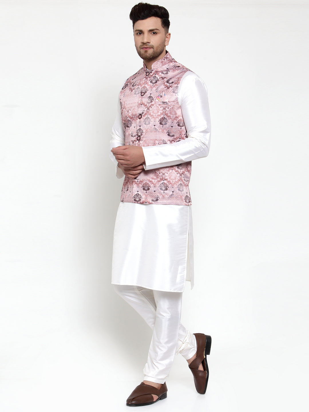 Jompers Men's Solid Dupion Kurta Pajama with Printed Nehru Pink Jacket