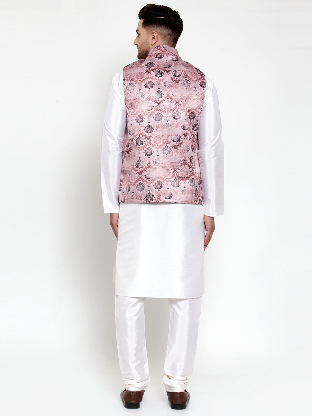 Jompers Men's Solid Dupion Kurta Pajama with Printed Nehru Pink Jacket