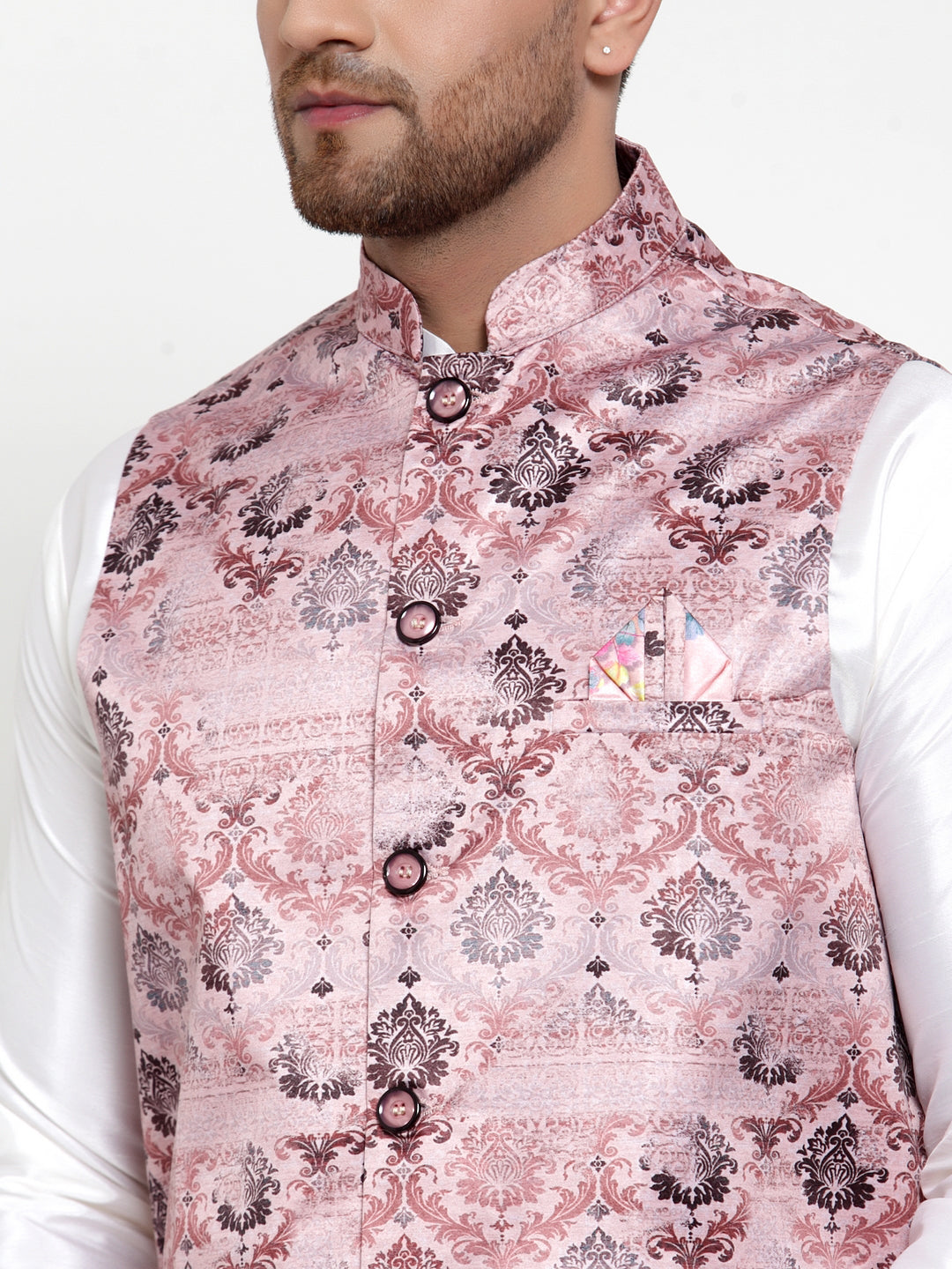 Jompers Men's Solid Dupion Kurta Pajama with Printed Nehru Pink Jacket