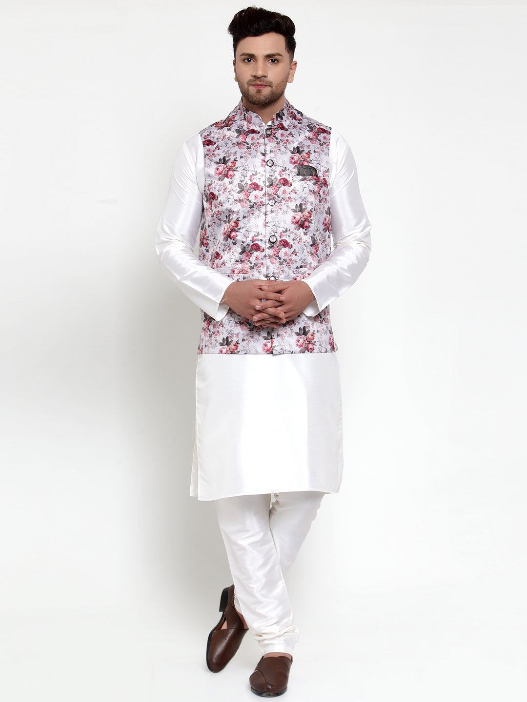 Jompers Men's Solid Dupion Kurta Pajama with Printed Nehru Jacket (Silver)