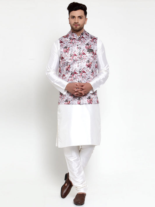 Jompers Men's Solid Dupion Kurta Pajama with Printed Nehru Jacket (Silver)