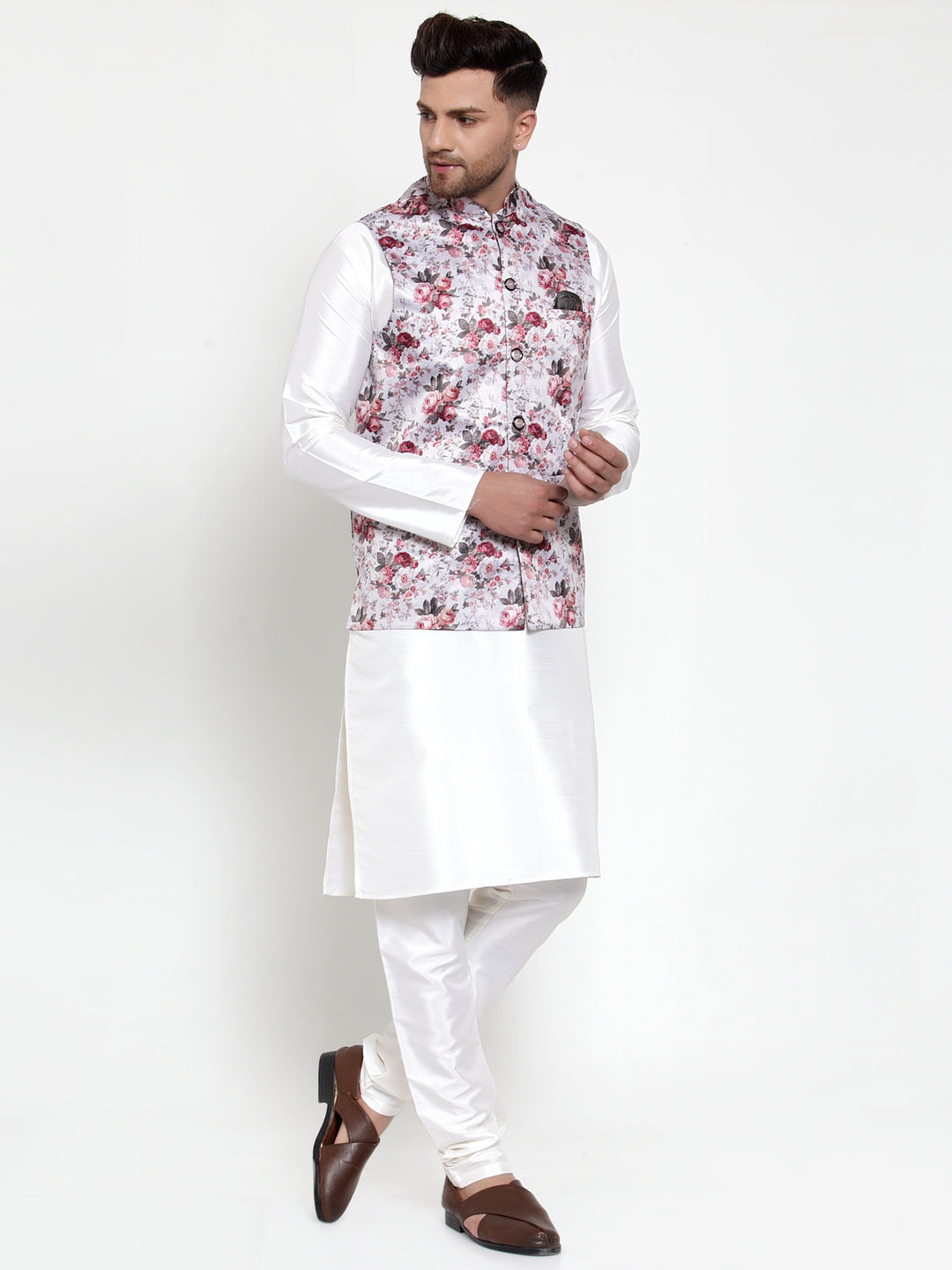 Jompers Men's Solid Dupion Kurta Pajama with Printed Nehru Jacket (Silver)