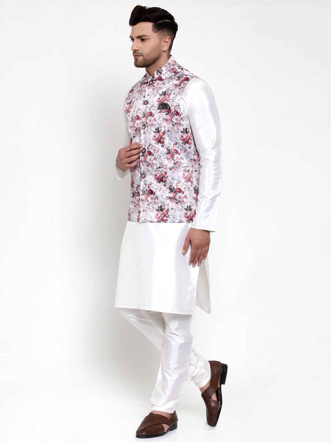 Jompers Men's Solid Dupion Kurta Pajama with Printed Nehru Jacket (Silver)