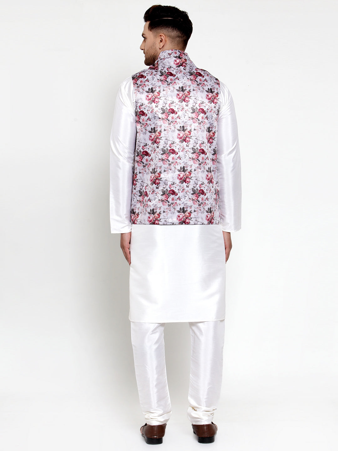 Jompers Men's Solid Dupion Kurta Pajama with Printed Nehru Jacket (Silver)