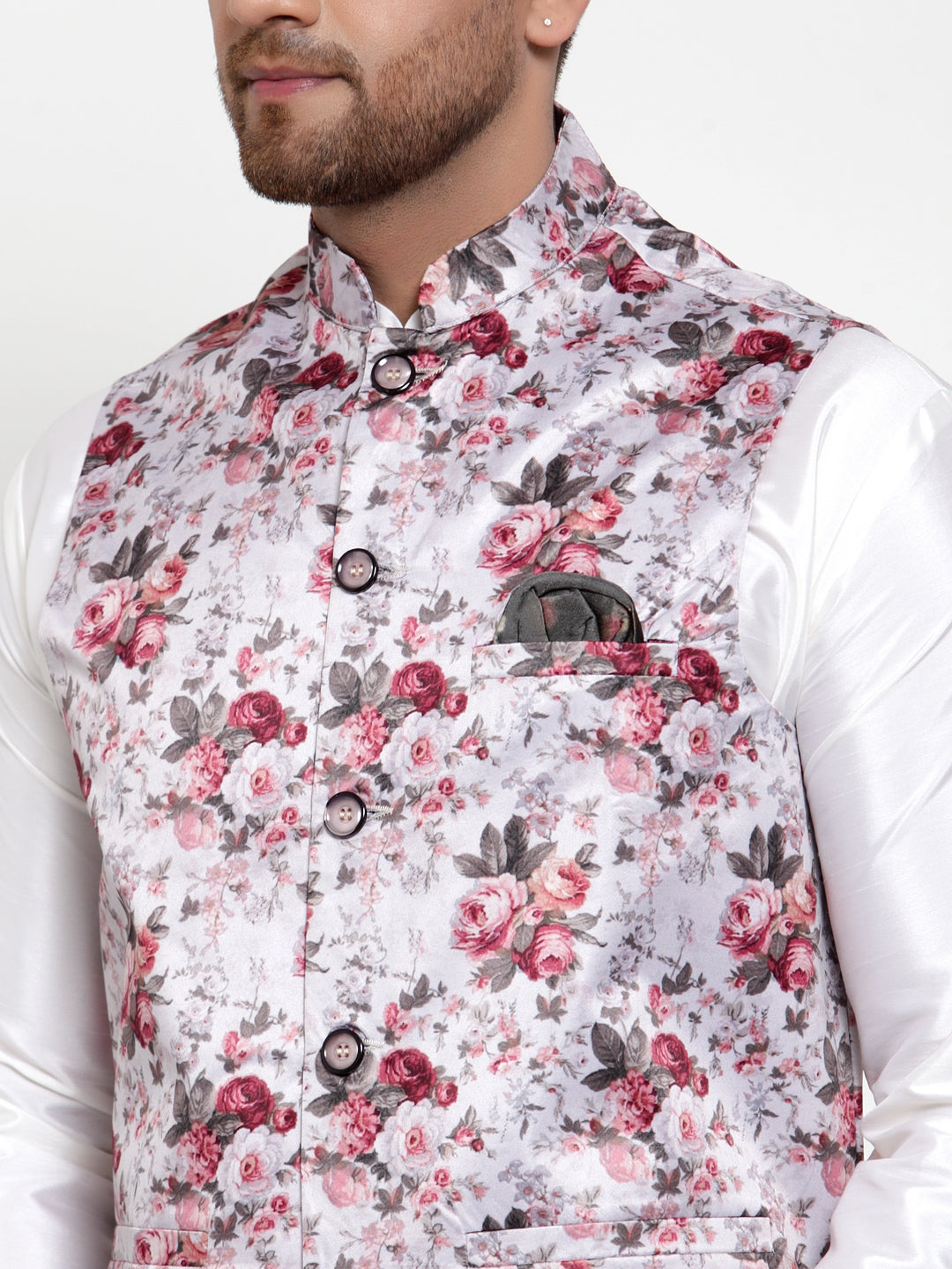Jompers Men's Solid Dupion Kurta Pajama with Printed Nehru Jacket (Silver)