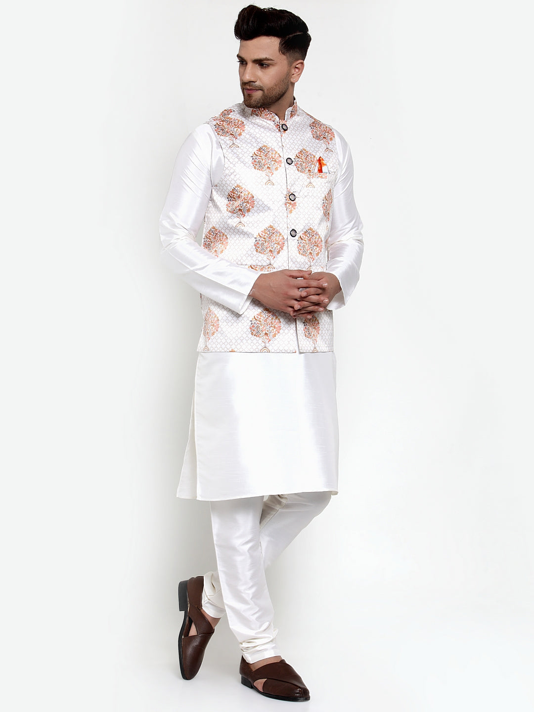 Jompers Men's Solid Dupion Kurta Pajama with Printed Nehru Jacket (White)