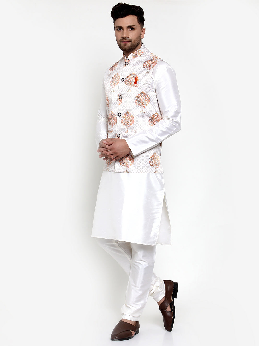 Jompers Men's Solid Dupion Kurta Pajama with Printed Nehru Jacket (White)