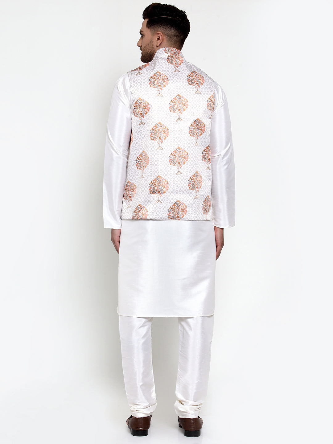 Jompers Men's Solid Dupion Kurta Pajama with Printed Nehru Jacket (White)