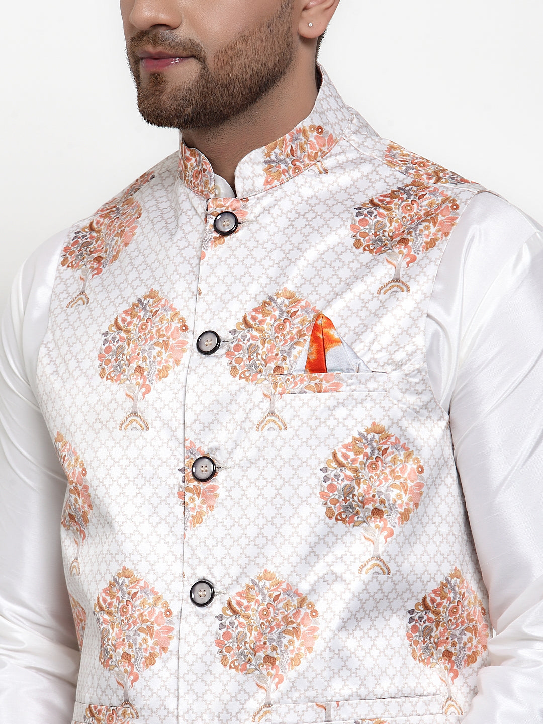 Jompers Men's Solid Dupion Kurta Pajama with Printed Nehru Jacket (White)