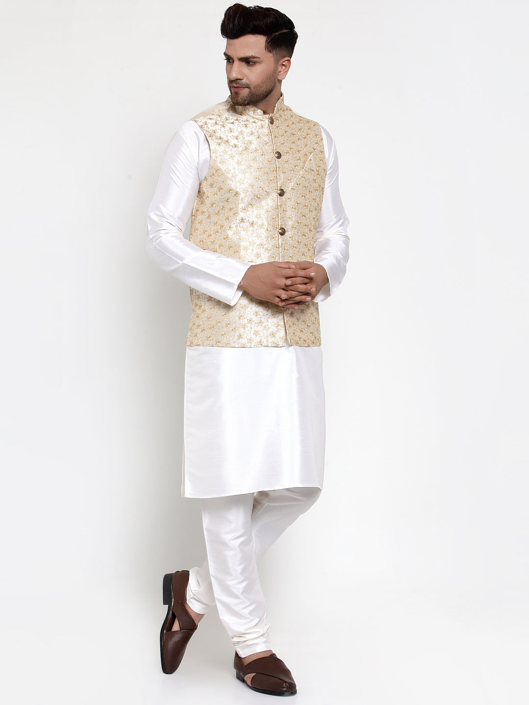 Jompers Men Solid Dupion Kurta Pajama with Embroidered Nehru Jacket (Cream)