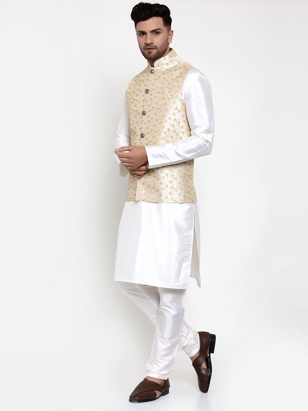 Jompers Men Solid Dupion Kurta Pajama with Embroidered Nehru Jacket (Cream)