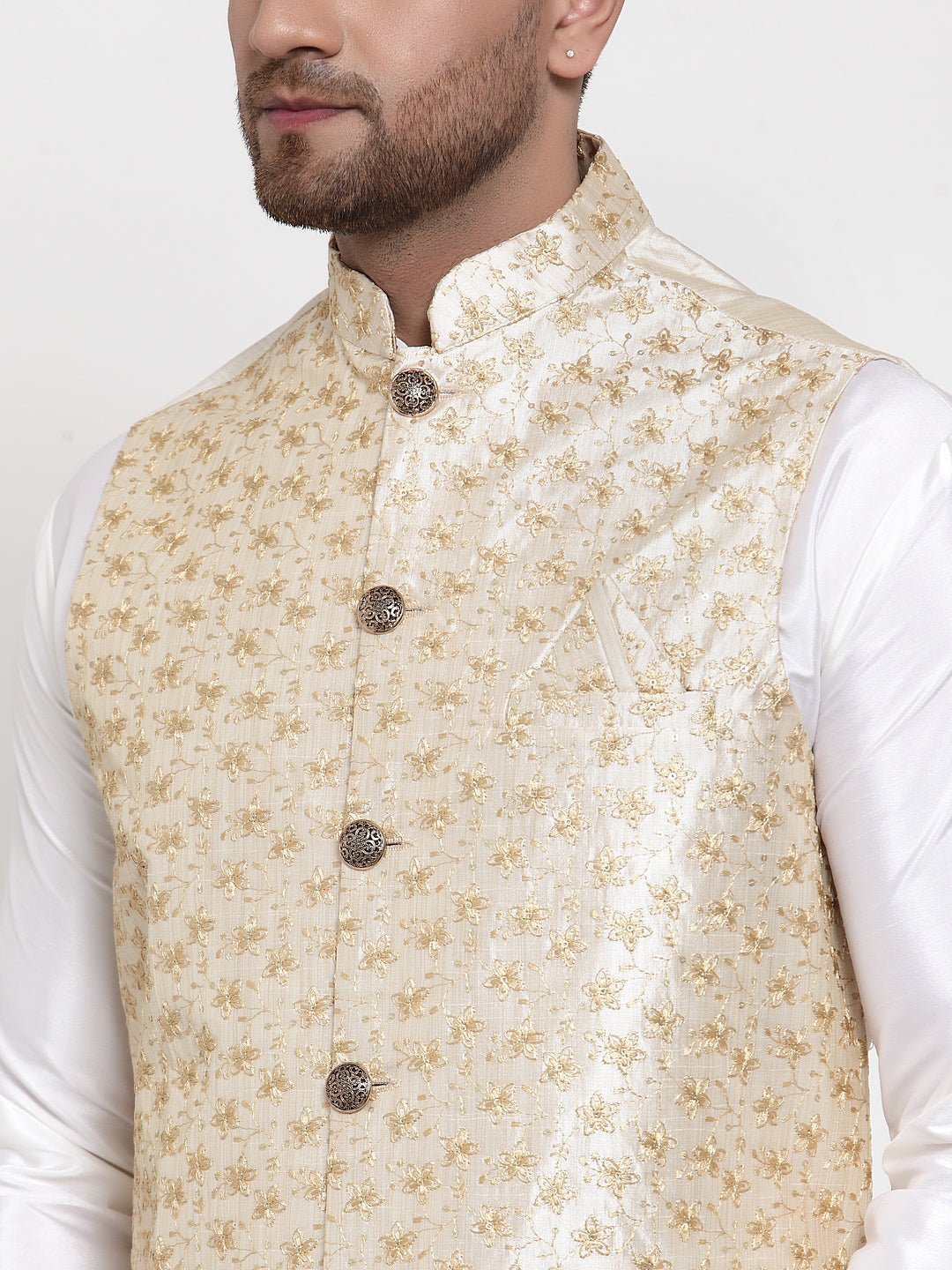 Jompers Men Solid Dupion Kurta Pajama with Embroidered Nehru Jacket (Cream)