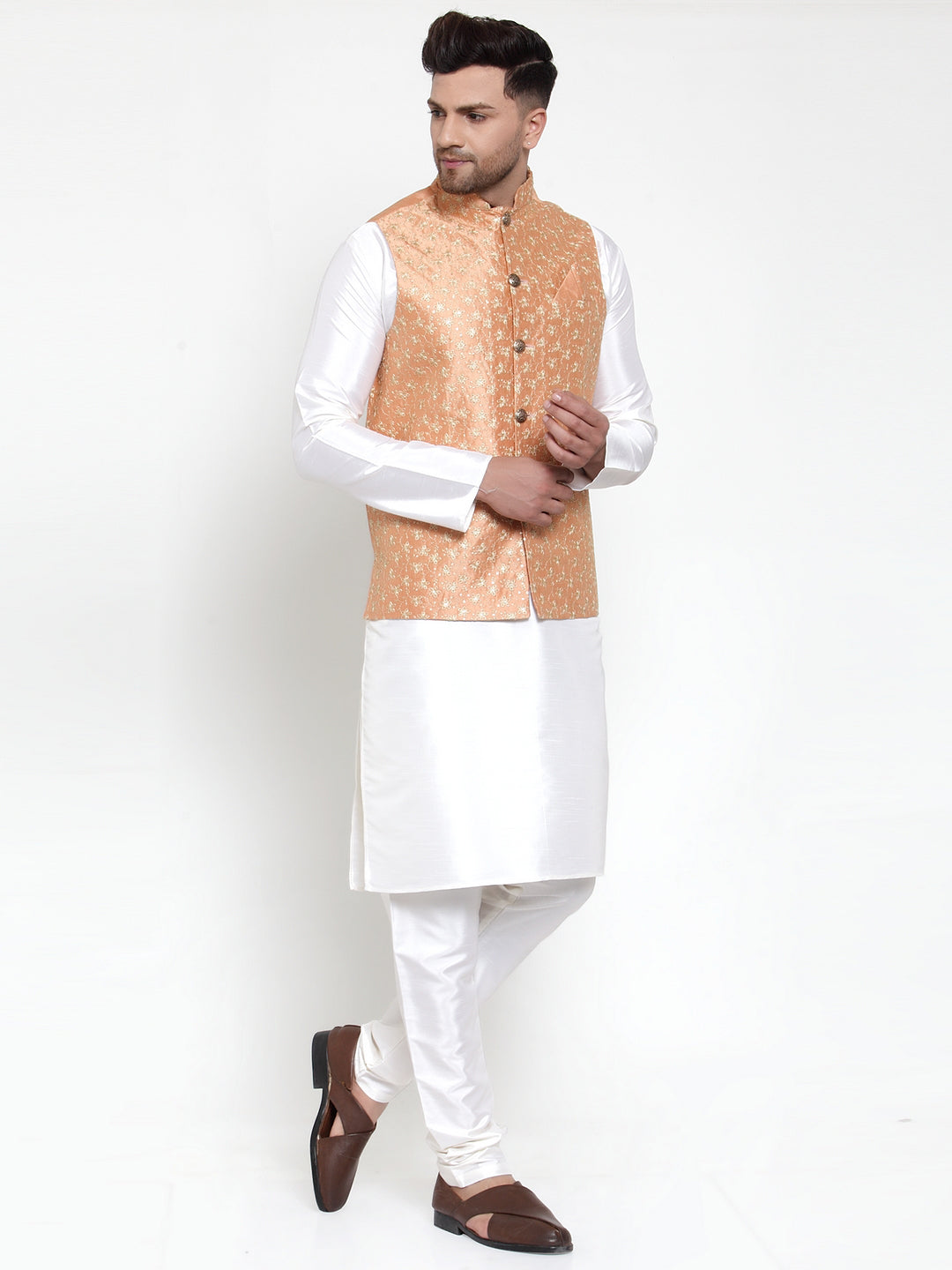 Jompers Men's Solid Dupion Kurta Pajama with Embroidered Nehru Jacket (Peach)
