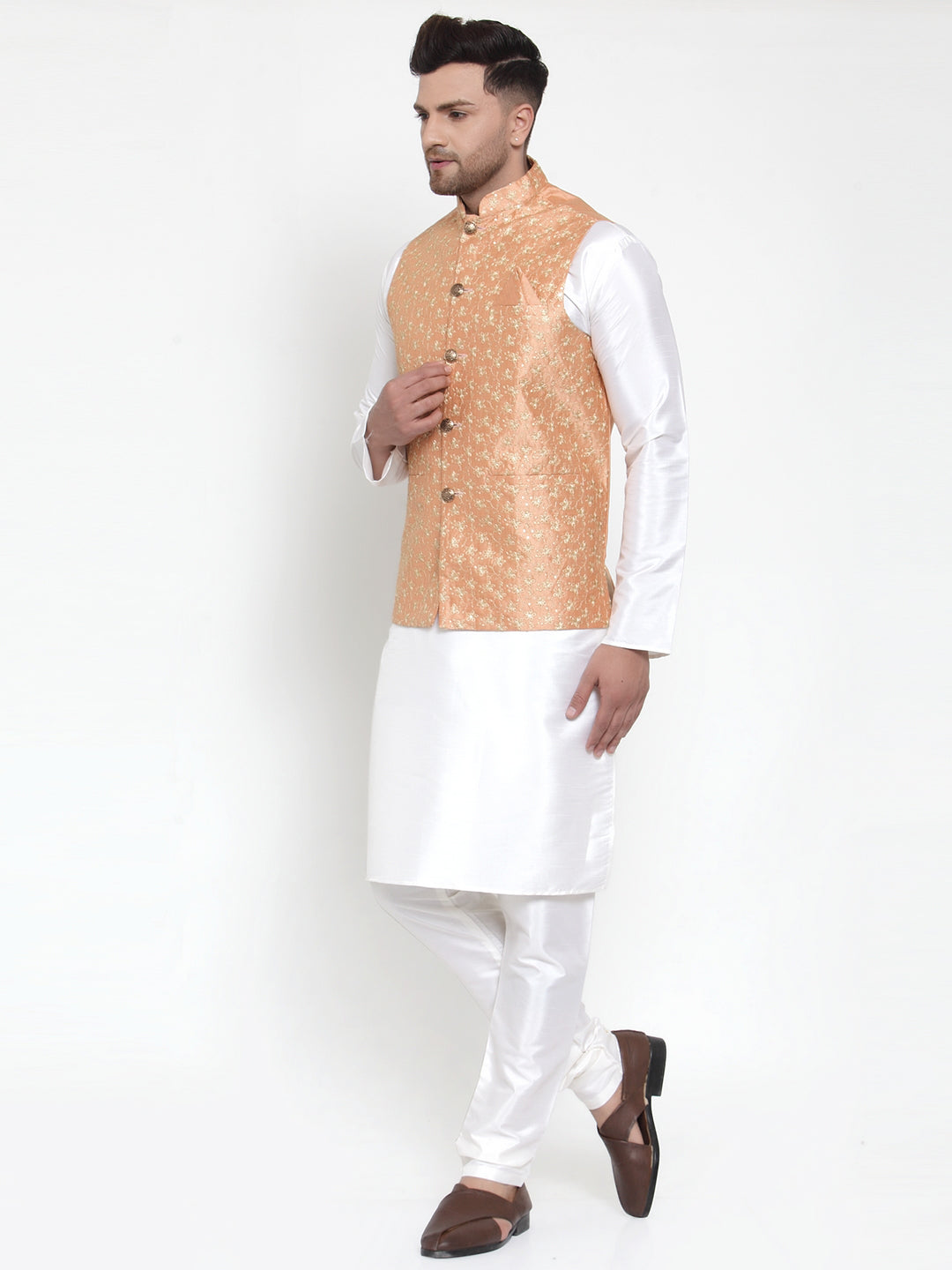 Jompers Men's Solid Dupion Kurta Pajama with Embroidered Nehru Jacket (Peach)