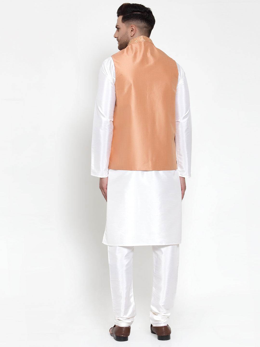 Jompers Men's Solid Dupion Kurta Pajama with Embroidered Nehru Jacket (Peach)
