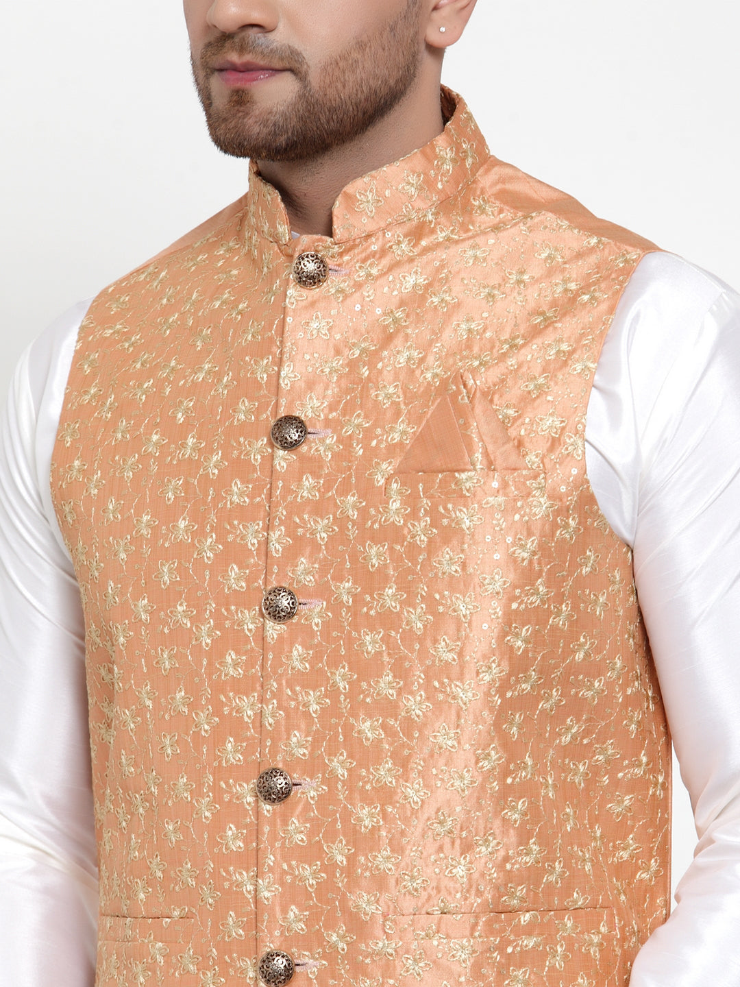 Jompers Men's Solid Dupion Kurta Pajama with Embroidered Nehru Jacket (Peach)