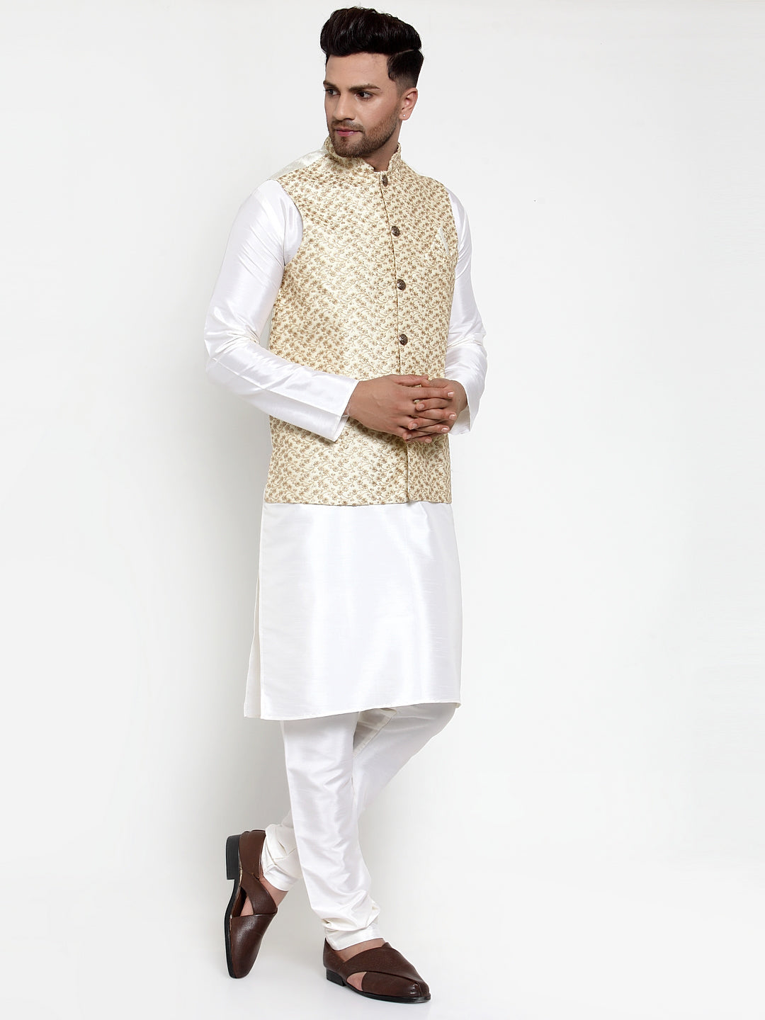 Jompers Men's Solid Dupion Kurta Pajama with Embroidered Nehru Jacket (Cream)