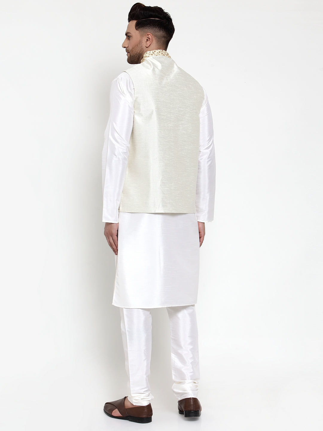 Jompers Men's Solid Dupion Kurta Pajama with Embroidered Nehru Jacket (Cream)