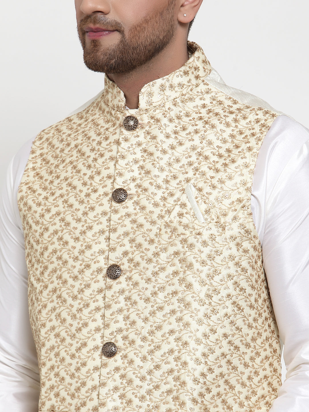 Jompers Men's Solid Dupion Kurta Pajama with Embroidered Nehru Jacket (Cream)
