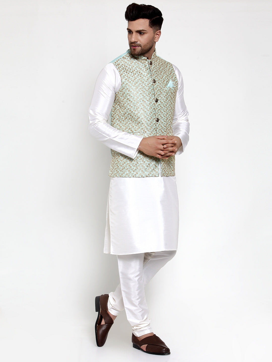 Jompers Men's Solid Dupion Kurta Pajama with Embroidered Nehru Jacket Sky