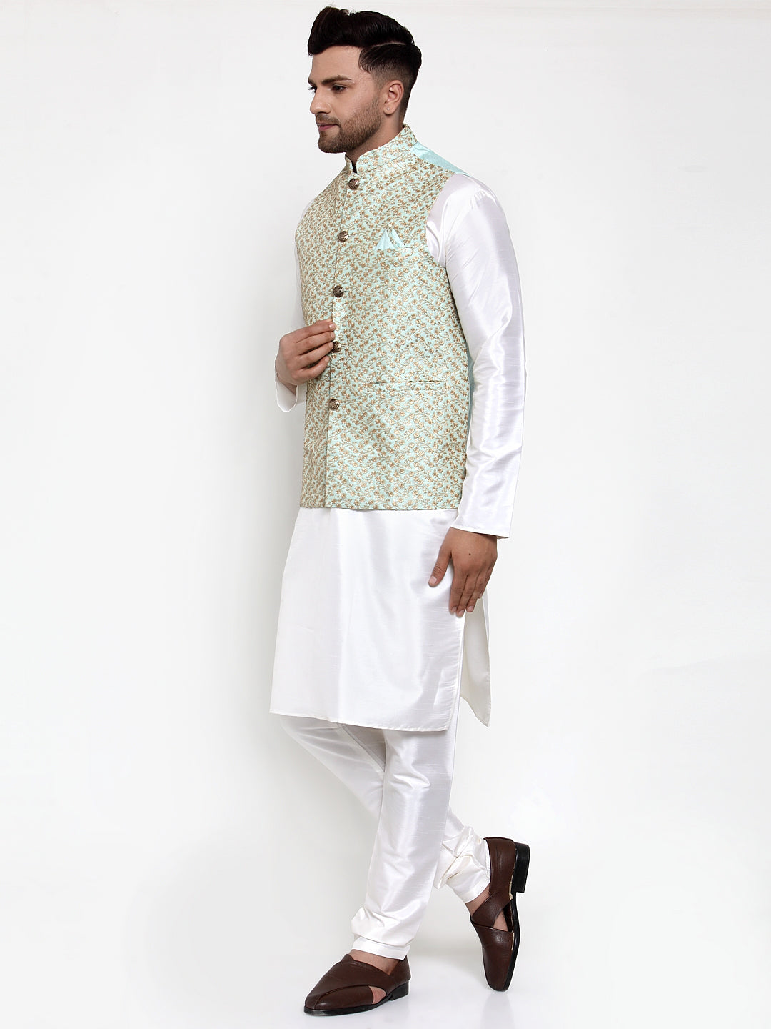 Jompers Men's Solid Dupion Kurta Pajama with Embroidered Nehru Jacket Sky
