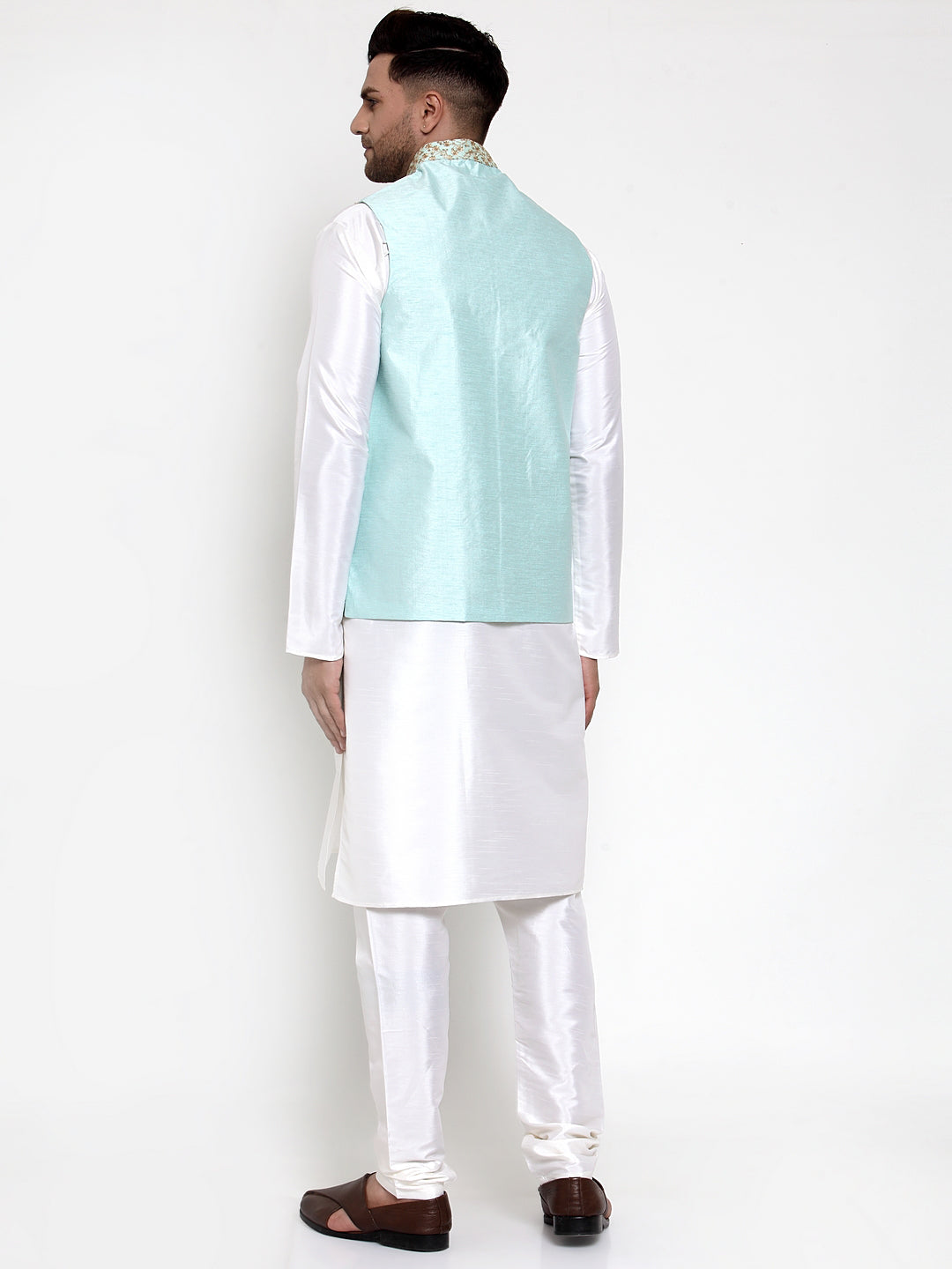 Jompers Men's Solid Dupion Kurta Pajama with Embroidered Nehru Jacket Sky