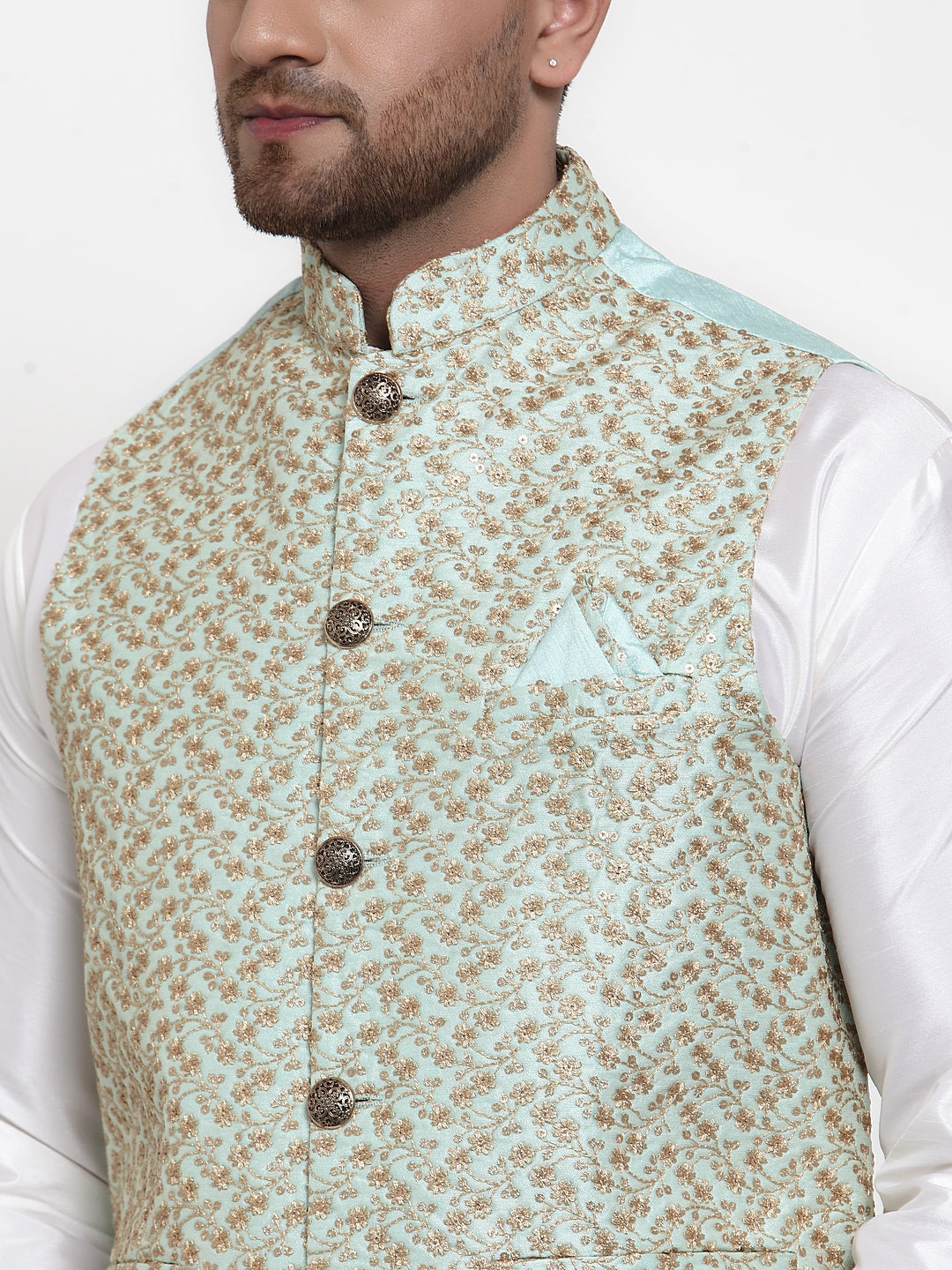 Jompers Men's Solid Dupion Kurta Pajama with Embroidered Nehru Jacket Sky