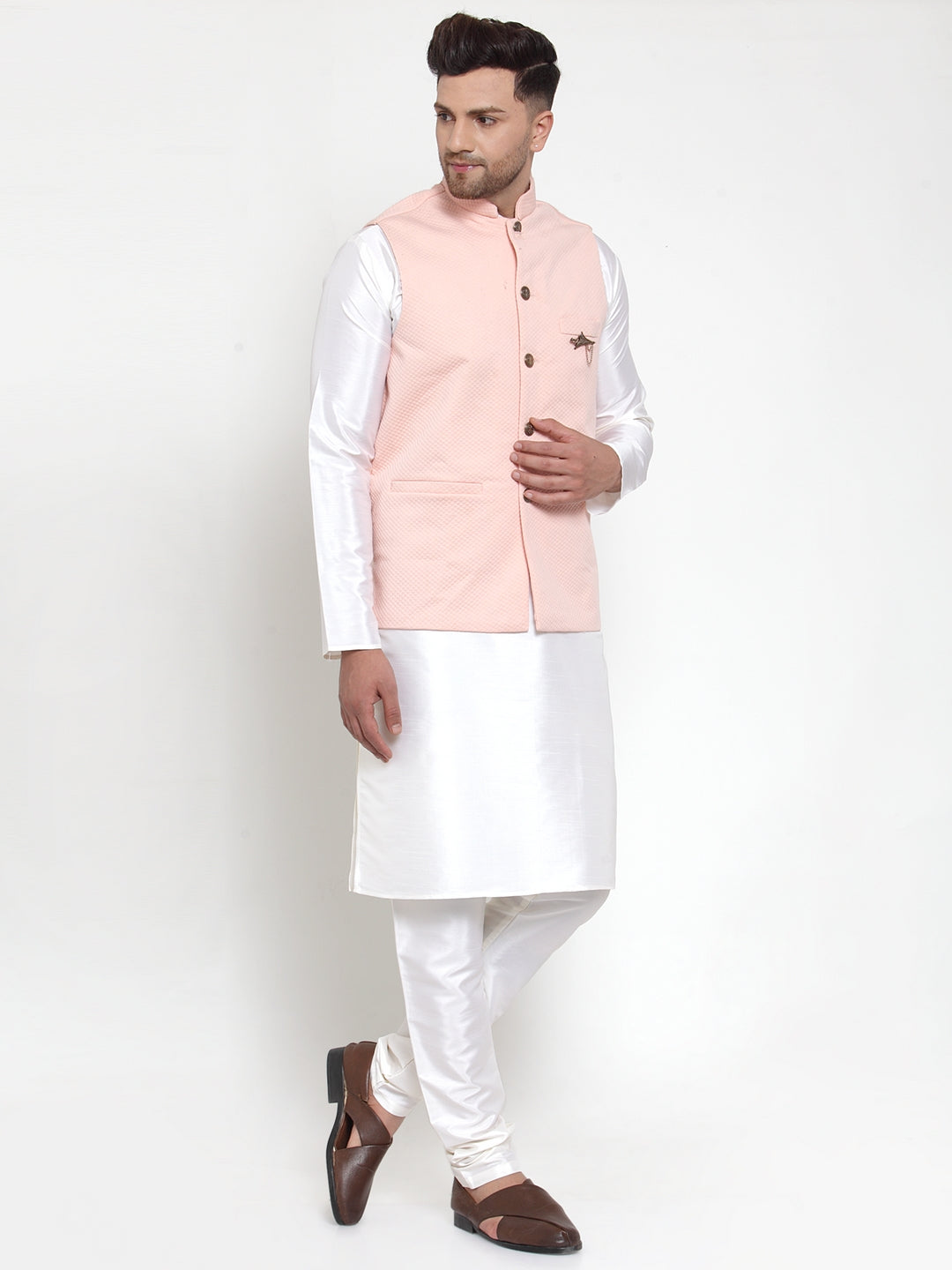 Jompers Men Solid Dupion Kurta Pajama with Woven Nehru Jacket (Peach)