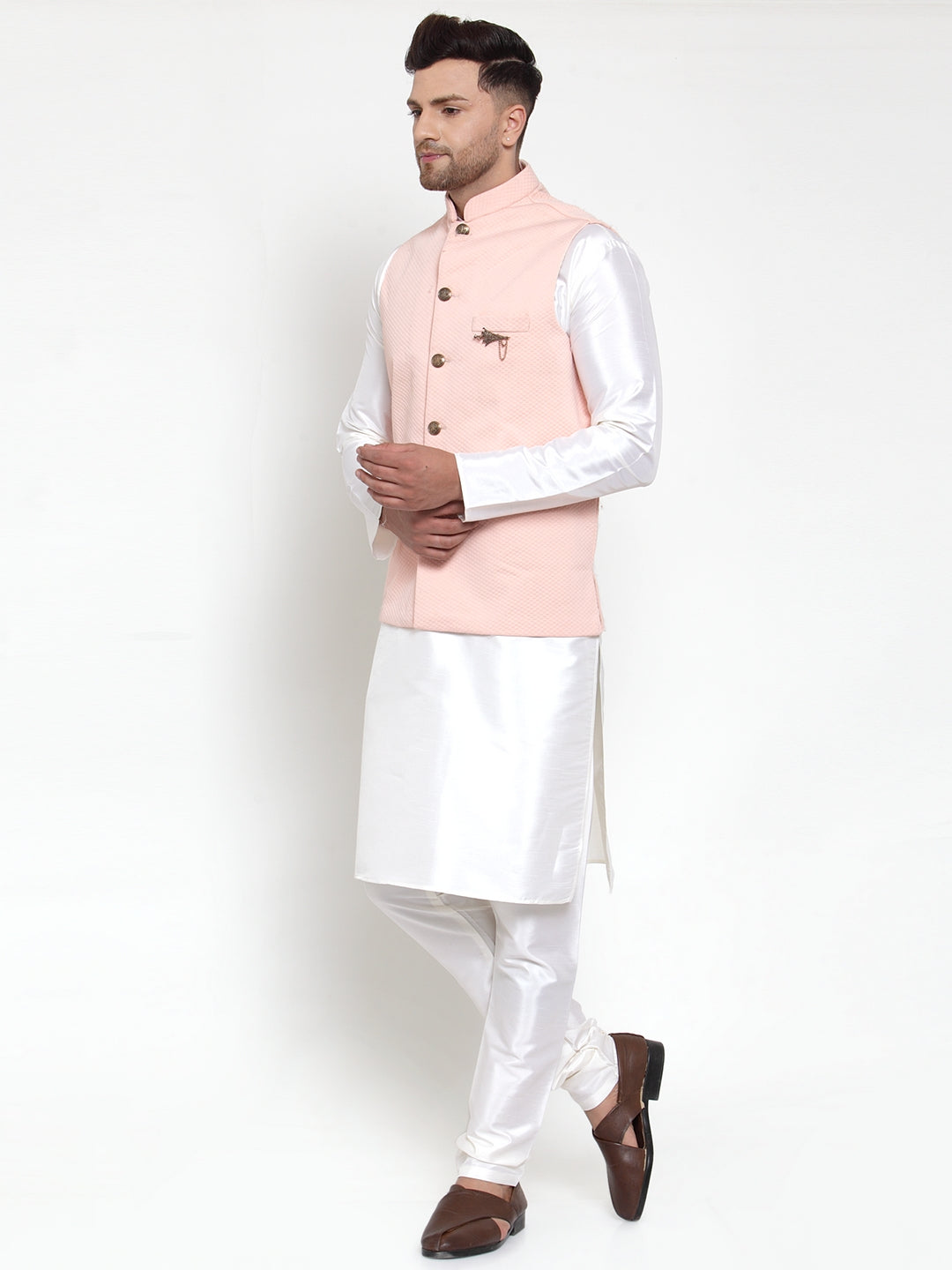 Jompers Men Solid Dupion Kurta Pajama with Woven Nehru Jacket (Peach)
