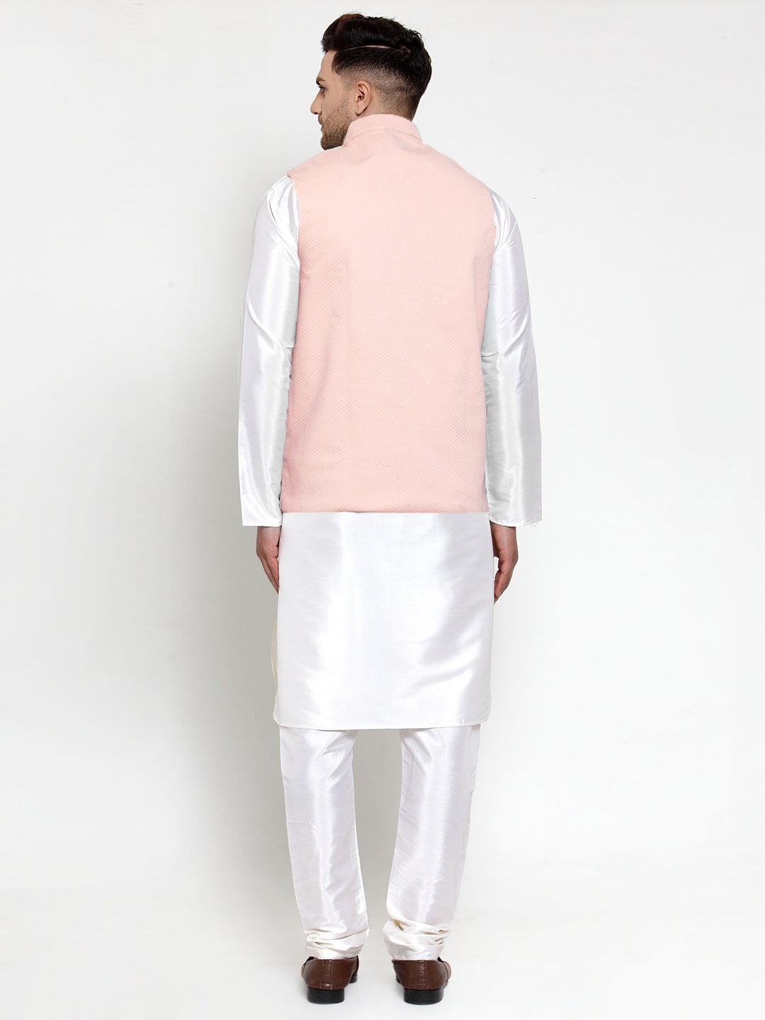 Jompers Men Solid Dupion Kurta Pajama with Woven Nehru Jacket (Peach)