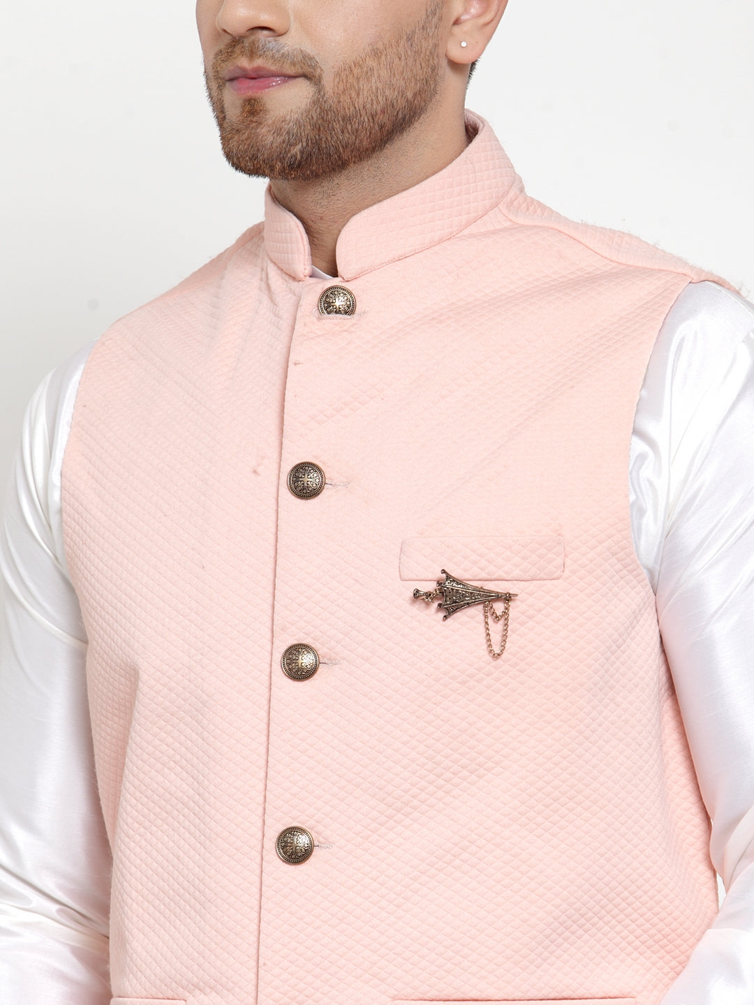 Jompers Men Solid Dupion Kurta Pajama with Woven Nehru Jacket (Peach)