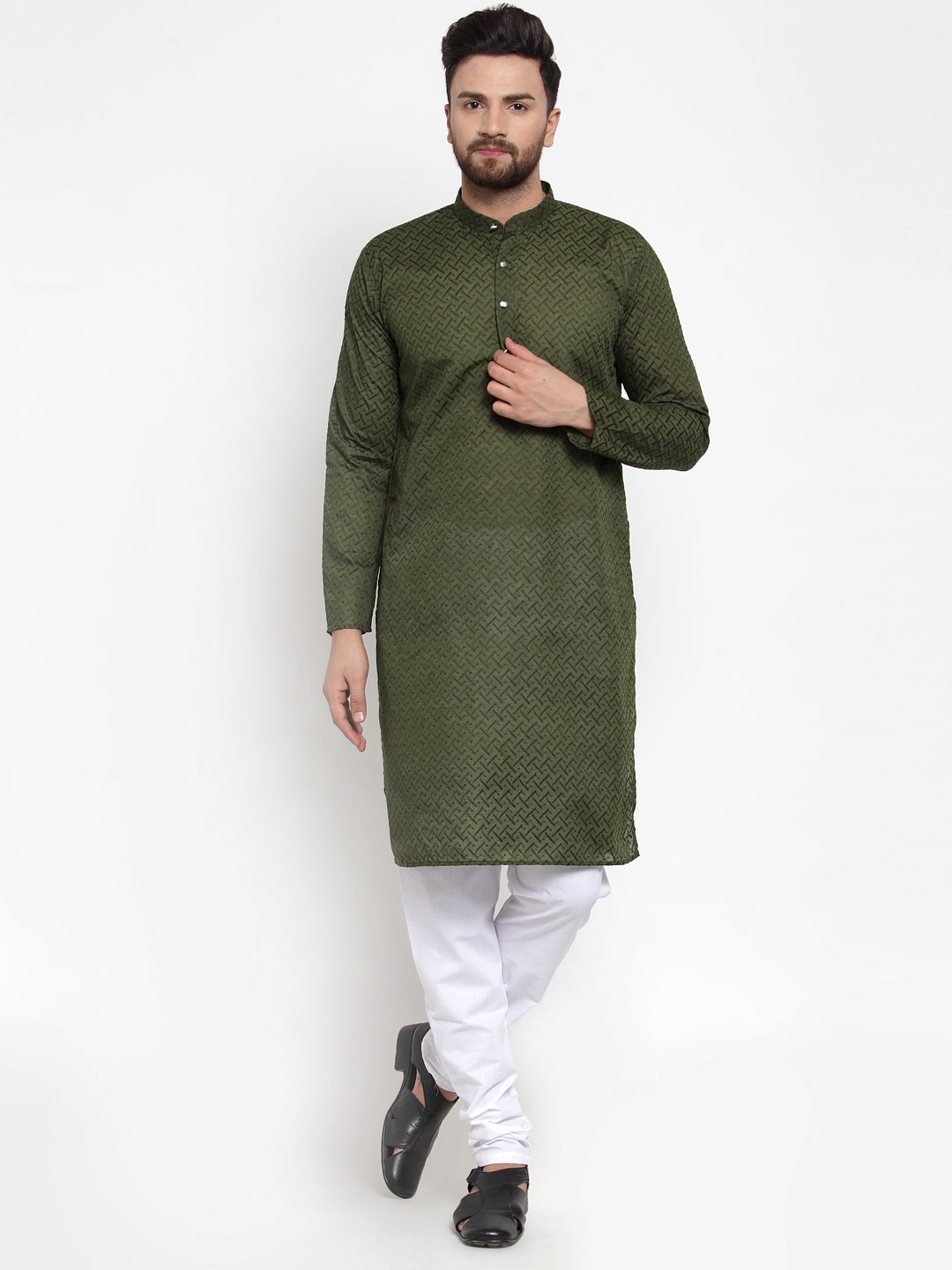 Jompers Men Olive Green Chikan Kurta with Churidar 