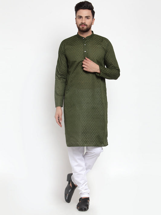 Jompers Men Olive Green Chikan Kurta with Churidar 