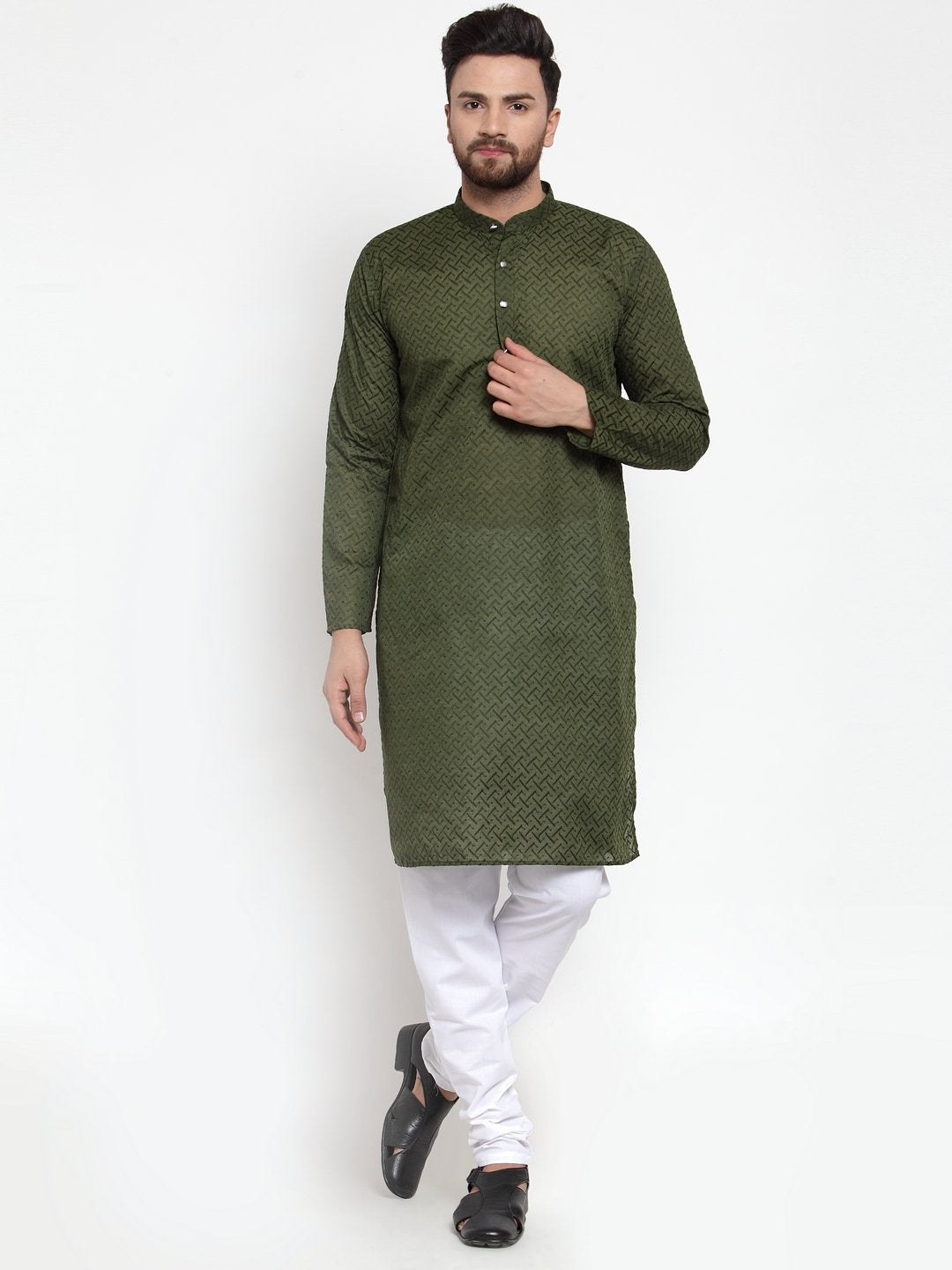 Jompers Men Olive Green Chikan Kurta Only 