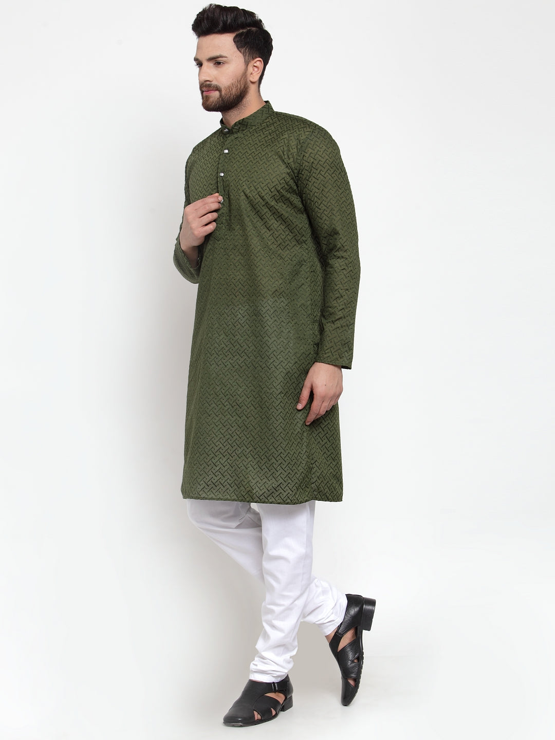 Jompers Men Olive Green Chikan Kurta with Churidar 